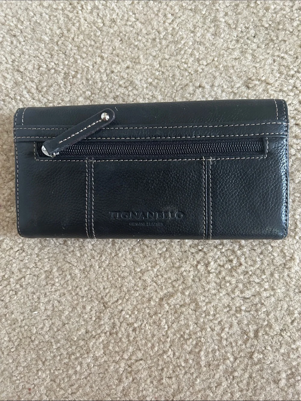 Tignanello Black Pebbled Leather Continental Wallet with Silver Tone Logo Plaque